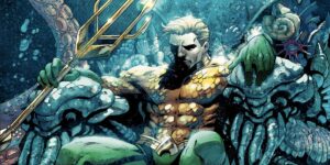 Aquaman sitting on his throne in dc comics