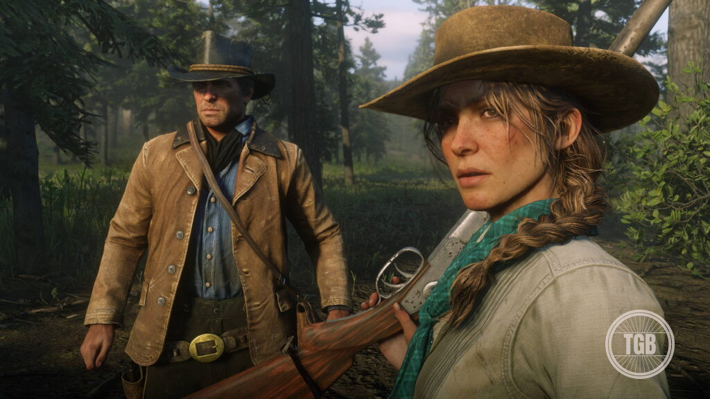 Sadie adler holding a rifle in front of arthur morgan.