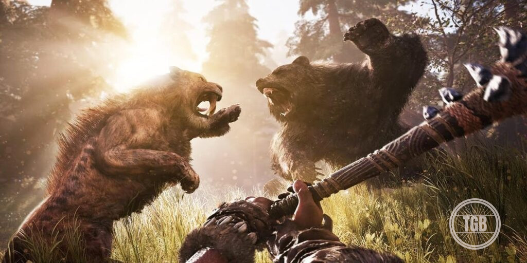 A bear and sabre tooth tiger fighting in far cry primal