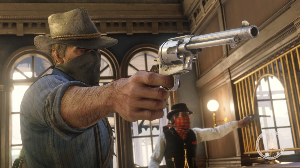 Arthur and dutch robbing a bank in red dead redemption 2