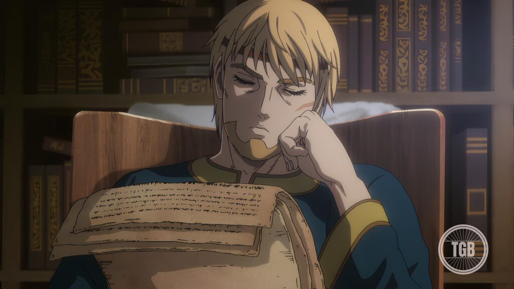 Canute looking at the list of wealthy men in vinland saga season 2