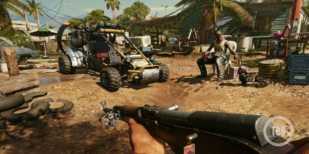 Holding a gun while looking at a buggy in far cry 6