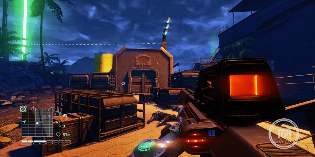 Player holding a gun and looking at a a building in far cry 3 blood dragon