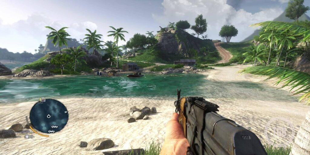 Player holding a gun and looking at a beach in far cry 3