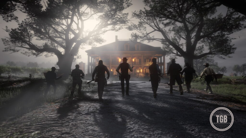 The van der linde gang attacking a mansion in red dead redemption 2